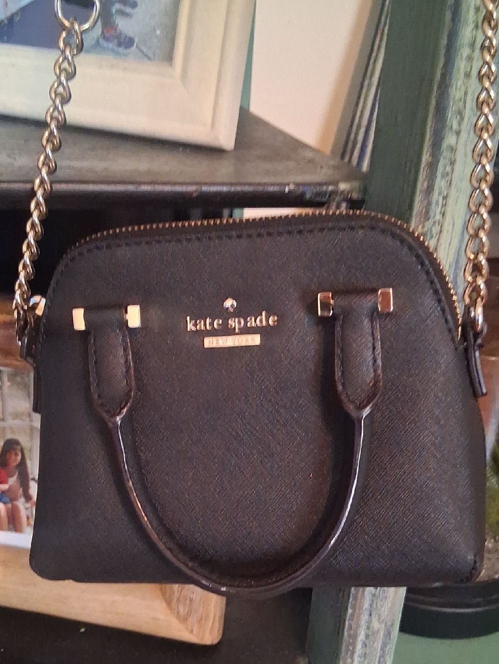 kate spade Black Saffiano Mini Dome Crossbody with Gold Hardware